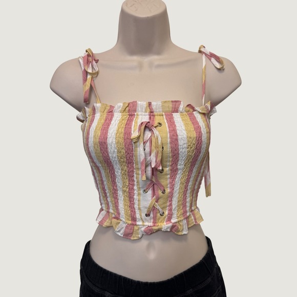 Blue Blush Tops - Blue Blush Smocked Crop Top S Pink Yellow Striped Lace Up Boho Beach Cottagecore